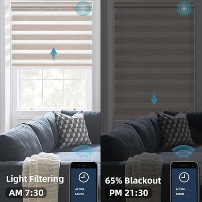 SmartWings Motorized Zebra Blinds with Remote, Custom Size Smart Electric Roller Shades for Windows, Automatic Light Filtering Dual Layer, Cordless Battery Motor, 95mm 60% Blackout Gold