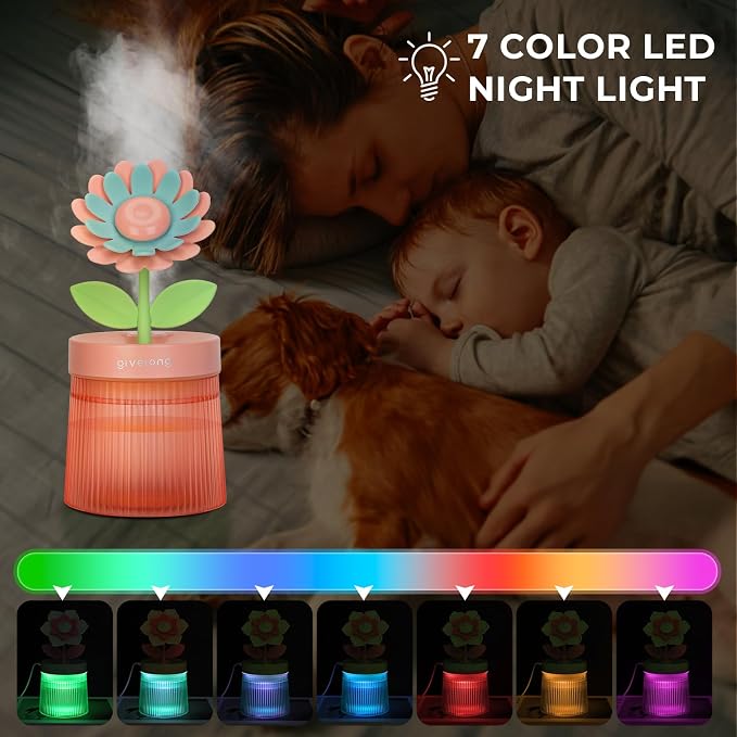 Cute Flower Mini Humidifier, Small Cool Mist Desk Humidifiers, Portable USB Personal Desktop Plant Humidifiers, Cooling for Home Office Car Travel Indoor Outdoor (260ml, Pink Sunflower)