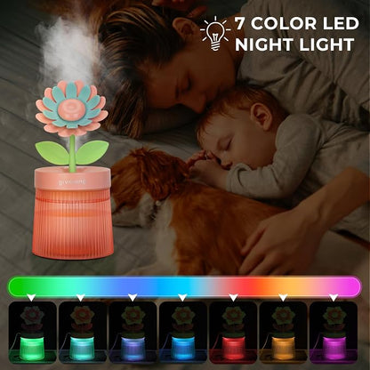 Cute Flower Mini Humidifier, Small Cool Mist Desk Humidifiers, Portable USB Personal Desktop Plant Humidifiers, Cooling for Home Office Car Travel Indoor Outdoor (260ml, Pink Sunflower)