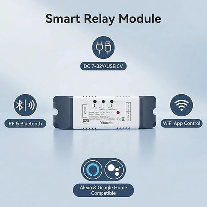 2 Channel Tuya Smart Life WiFi Momentary Inching Self-Locking Interlock Relay Switch Module,DC 7-32V Wireless Remote Control with RF Bluetooth, Compatible with Alexa Goolge Home (2CH)