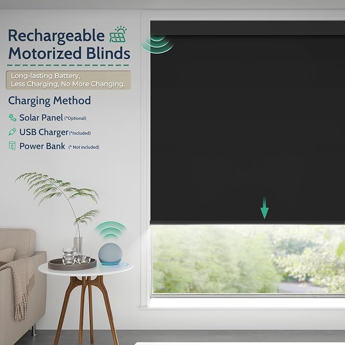 Motorized Blinds with Remote, Blackout Rechargeable Automatic Roller Shades, Cordless Smart Blinds Compatible with Alexa, Custom Blind for Indoor Windows, Photo Film Black