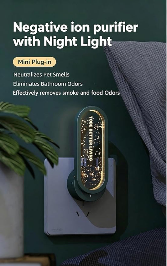 Mini Plug-in Air Purifier with Night Light, Quiet Odor Eliminator for Bathroom Pantry Pet Area, Small Space Air Cleaner (Green)