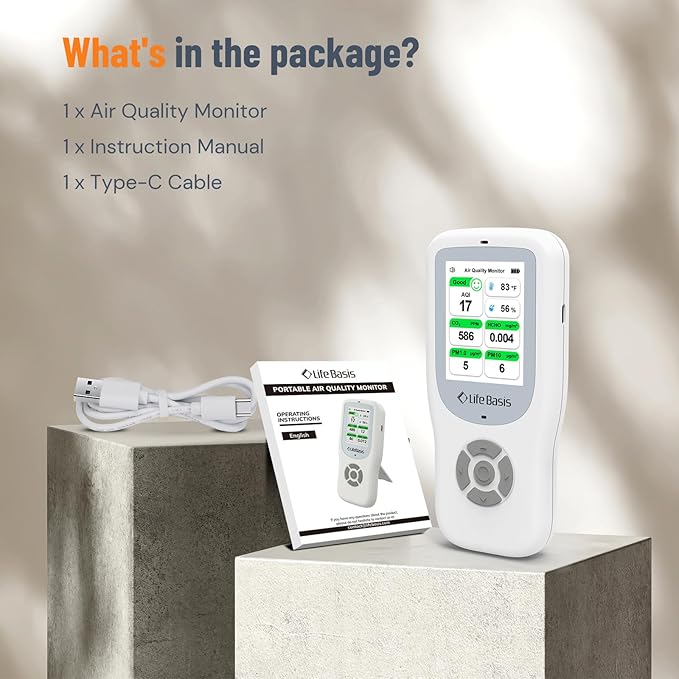 LifeBasis Air Quality Monitor Indoor, 11-in-1 Air Quality Detector with Stand, Air Meter Test AQI, PM1.0, PM2.5, PM10, CO2, TVOC, HCHO, Particles, Temperature and Humidity with Alert