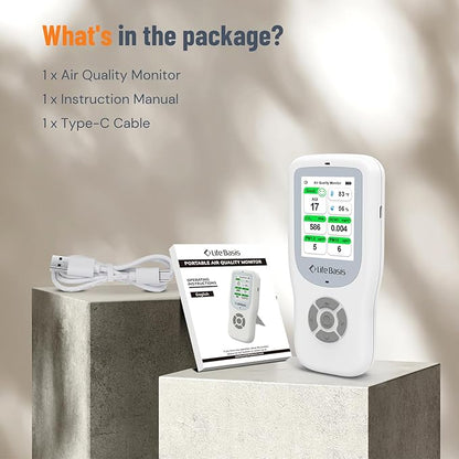 LifeBasis Air Quality Monitor Indoor, 11-in-1 Air Quality Detector with Stand, Air Meter Test AQI, PM1.0, PM2.5, PM10, CO2, TVOC, HCHO, Particles, Temperature and Humidity with Alert