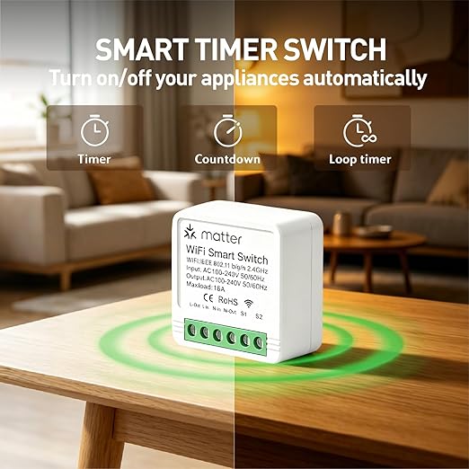 Matter Smart Switch, Smart Light Switch, WiFi Mini DIY Module, eWeLink Web, Flush-Mounted, APP & Voice Control, Smart Switches for Lights Compatible with Apple, Alexa & Google, 2PCS
