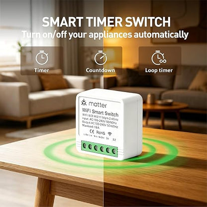 Matter Smart Switch, Smart Light Switch, WiFi Mini DIY Module, eWeLink Web, Flush-Mounted, APP & Voice Control, Smart Switches for Lights Compatible with Apple, Alexa & Google, 1PCS