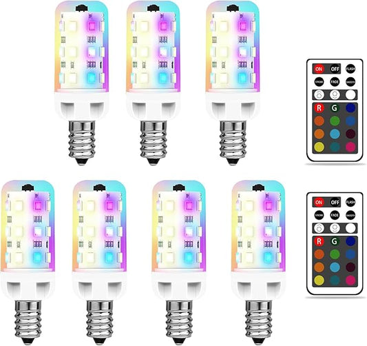 XRise E12 LED Bulb 2.5W Dimmable RGB+Warm White Color Changing with Remote Control Equivalent 25W Halogen E12 Base LED Light Bulbs 3000K 250LM, No Flicker,7 Pack
