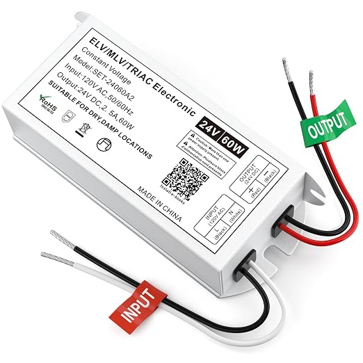 Dimmable LED Driver 60W 24V, Triac/ELV/MLV Transformer for LED and Halogen Lighting, Compatible with Lutron & Leviton Dimmers, Suitable for Indoor/Outdoor Applications
