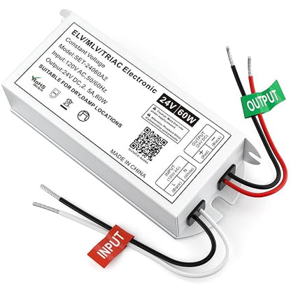 Dimmable LED Driver 60W 24V, Triac/ELV/MLV Transformer for LED and Halogen Lighting, Compatible with Lutron & Leviton Dimmers, Suitable for Indoor/Outdoor Applications