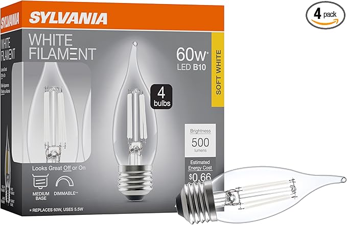 Sylvania B10 Clear LED White Filament Bulb, 5.5W, Dimmable, 500 LMS, Medium Base, 2700K, Soft White - 4 Pack (42256)