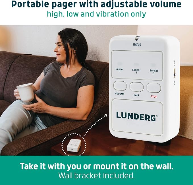 Lunderg Bed Alarm System with Call Button, Wireless Bed Sensor Pad (10" x 30") & Pager - Bed Alarms and Fall Prevention for Elderly