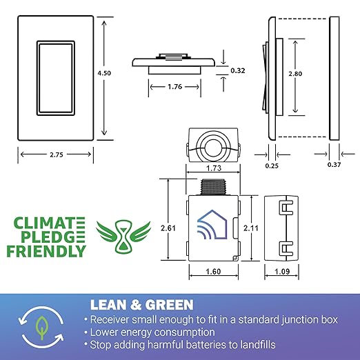 RunLessWire Fan & Light Battery-Free DIY Wireless Light Switch Kit 150ftRF Range Kinetic for Bathrooms & Ceiling Fans: 1 Dual Remote Switch Controls 2 5A On/Off Receivers Separately White