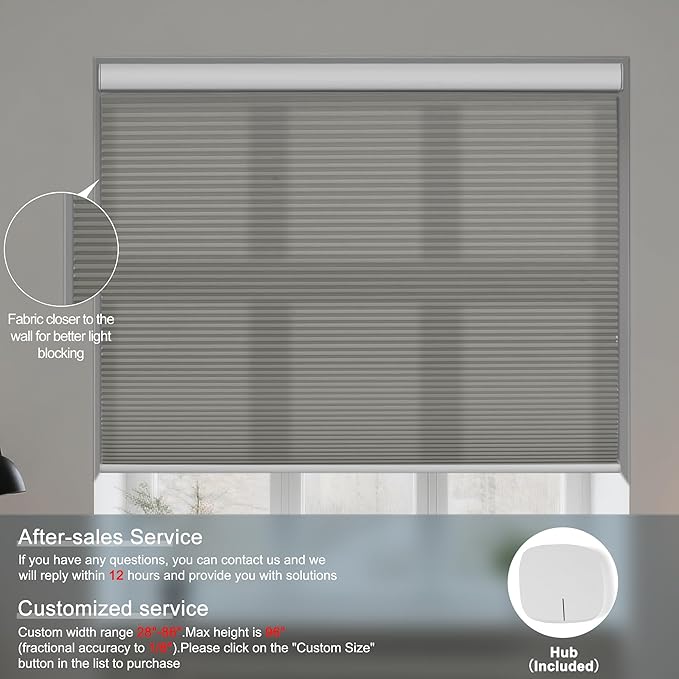 BERISSA Motorized Cellular Shades, Light Filtering Smart Honeycomb Blinds with Remote Control & Hub, Custom Room Darkening Automatic Cellular Window Blinds for Home Office, Living Room, Door,Gray