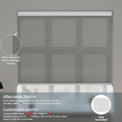 BERISSA Motorized Cellular Shades, Light Filtering Smart Honeycomb Blinds with Remote Control & Hub, Custom Room Darkening Automatic Cellular Window Blinds for Home Office, Living Room, Door,Gray