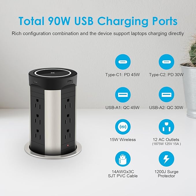 HEZI 4" Pop Up Countertop Outlet with 15W Wireless Charger, Max 45W Power Delivery,15A Tamper Resistant 1200J Surge Protection, Pop Up Electrical Receptacle with 12AC 2 USB-A 2 USB-C for Home Office