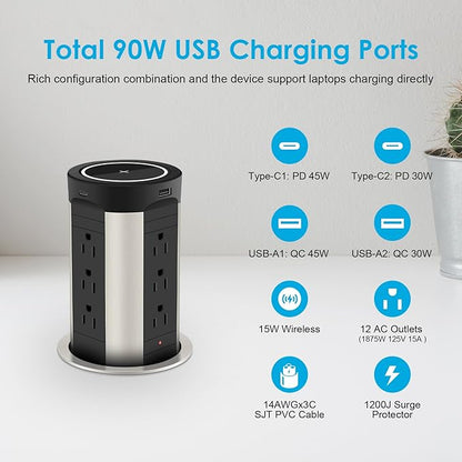 HEZI 4" Pop Up Countertop Outlet with 15W Wireless Charger, Max 45W Power Delivery,15A Tamper Resistant 1200J Surge Protection, Pop Up Electrical Receptacle with 12AC 2 USB-A 2 USB-C for Home Office