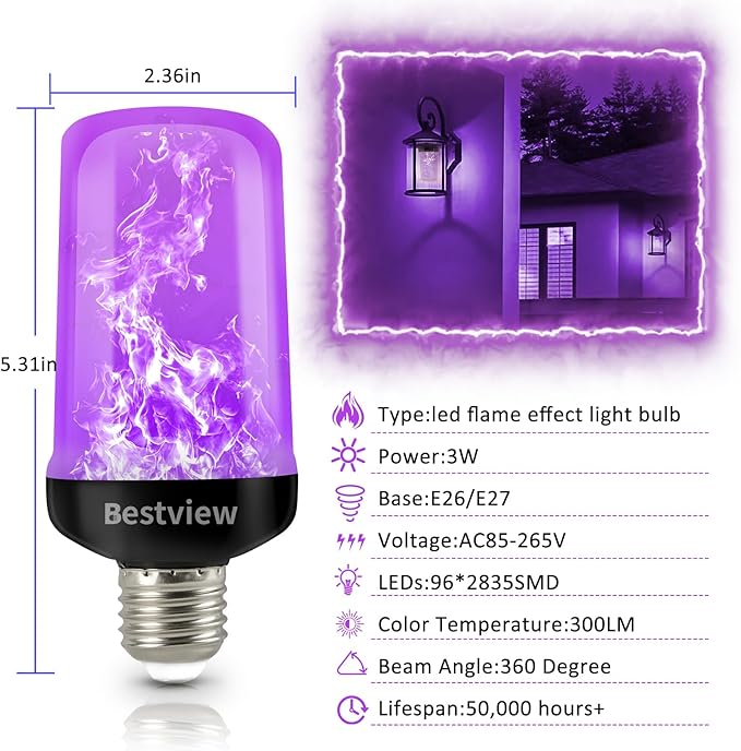Bestview LED Flame Effect Light Bulbs,4 Modes Smart E26/E27 Base Flickering Fire Light Bulbs for Halloween, Christmas, Party, Porch, Indoor&Outdoor Home Decoration Lighting (Purple 2 Pack)