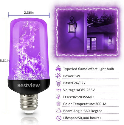 Bestview LED Flame Effect Light Bulbs,4 Modes Smart E26/E27 Base Flickering Fire Light Bulbs for Halloween, Christmas, Party, Porch, Indoor&Outdoor Home Decoration Lighting (Purple 2 Pack)