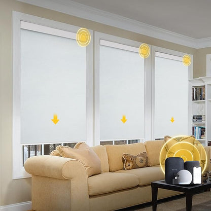 Motorized Blinds with Remote, Grasscloth Fabric Smart Blinds with Valance Cover, Cordless Automatic Roller Shades, Blackout Electric Blinds for Windows,Bright White 34¼"W x 72" H