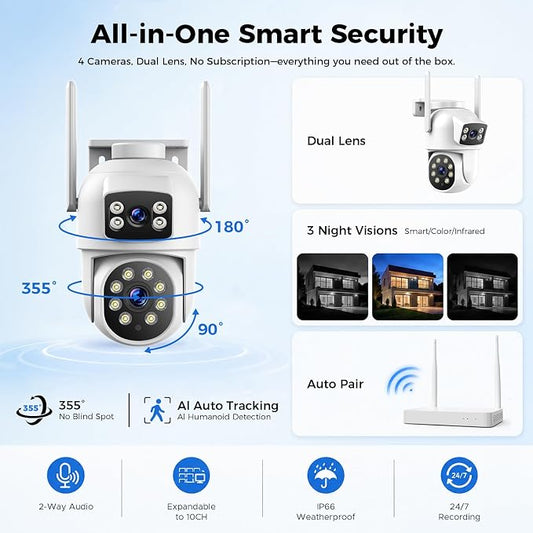 Camcamp Home Security Camera System Wireless Outdoor, 4 Dual Lens Cameras | PTZ auto tracking,10CH NVR,500GB HDD,24/7 recording,no monthly fee,color night vision,2-way audio,IP66 weatherproof