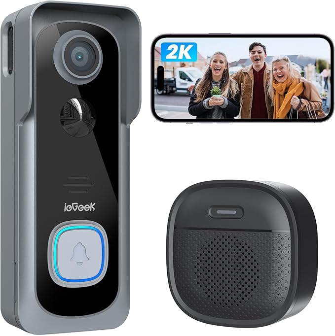 ieGeek Doorbell Camera Wireless No Subscription, 2K HD Ultra-Wide View, PIR Motion Detection 2-Way Talk, Wireless Video Doorbell with Chime, Support Local & Cloud Storage, Only 2.4GHz WiFi, Grey