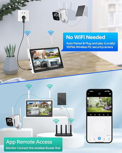 Solar Security Cameras Wireless Outdoor: 2.5K/4MP UHD Battery Solar Powered Home Security Wifi System with 10" LCD Monitor, 10CH NVR Color Night Vision Smart Motion Alert 2-Way Audio 64GB Storage