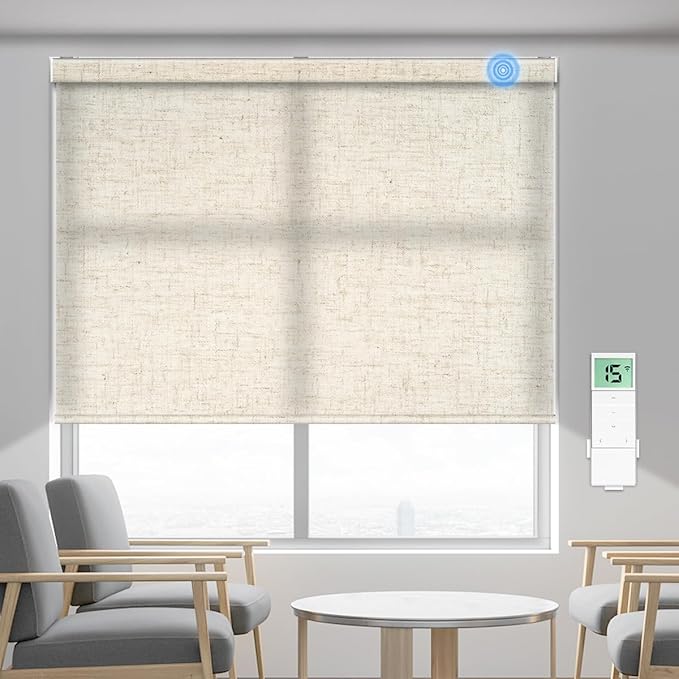 Tokblind Motorized Light Filtering Roller Shade Fabric Covered Valance and Bottom Rod, Remote Control Electric Window Blind Compatible with Alexa via Hub, Custom Size (Texture Beige - Wrapped Fabric)