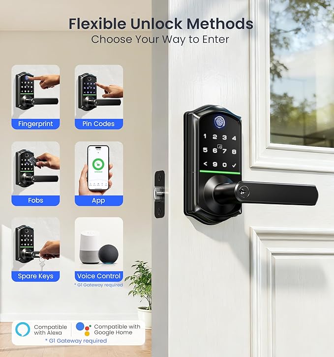 Veise VE019 Fingerprint Smart Lever Lock, App Control, Keyless Entry Door Lock with Handle, Touchscreen Keypad Knob for Front Door and Bedroom, Remote Access Sharing, IP55 Waterproof, Matte Black