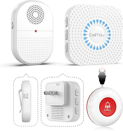 CallToU Caregiver Pager Call Button for Elderly at Home, 500ft Wireless Call Bell with 1 Portable Vibrating & 1 Plug-in Receiver, Waterproof Alert Button for Seniors, Patients, 2 Panic Buttons