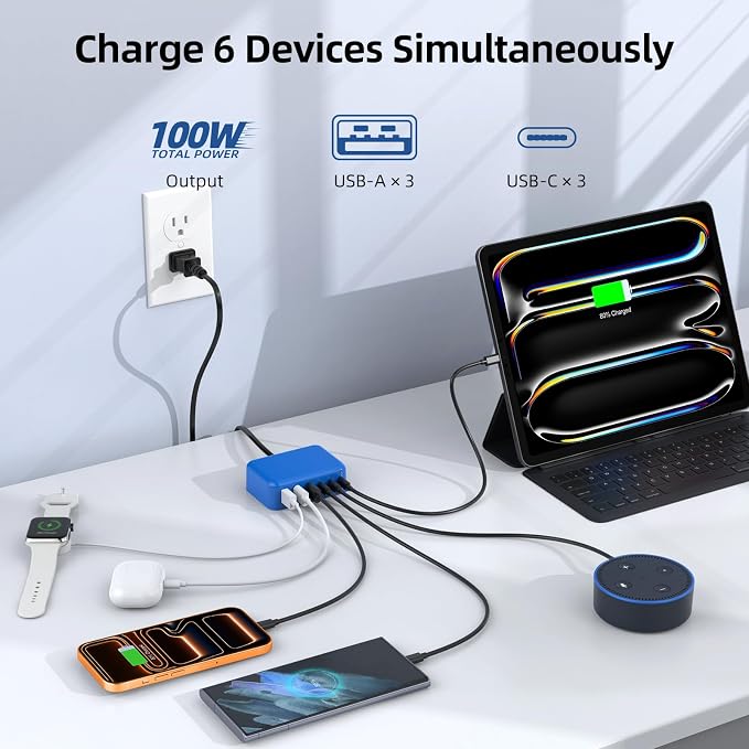 100W 6 in 1 USB Charger, 50% Smaller Charging Station for Multiple Devices | Fast Charging Blocks with Type C Port, USB Charging Hub Organizer Multiport Power Strip for iPhone,Samsung,Ipad,Kindle,Travel
