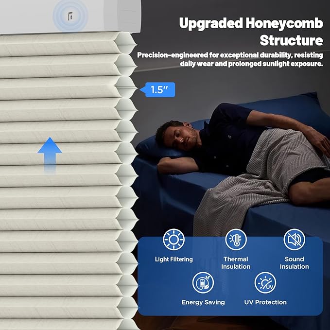 Motorized Cellular Shades with Remote, Smart Cellular Shades Compatible with Apple HomeKit, Alexa & Google Home, Honeycomb Window Blinds for Indoor Windows, Light Filtering Beige Linen