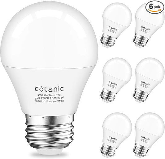 Cotanic Ceiling Fan Light Bulbs 2700K Warm White, A15 LED Bulb E26 Medium Screw Base,6W Small Chandelier Light Bulb 60W Equivalent,600lm,Non-Dimmable,6 Pack