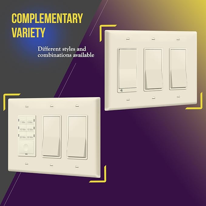 ENERLITES Triple Decorator Switch Cover, Three Gang Outlet Wall Plate, Gloss Finish, Mid-Size 3-Gang 4.88" x 6.77", Unbreakable Polycarbonate Thermoplastic, UL Listed, 8833M-LA, Light Almond