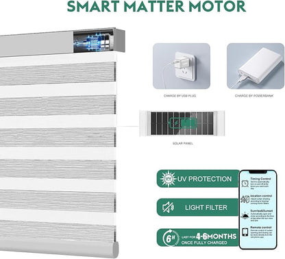 Motorized Zebra Blinds with Remote [Dual Layer + Light Filtering] 60% Blackout Smart Shades for Indoor Windows, Alexa Google and HomeKit Compatible, Customized Size, Woven Mist
