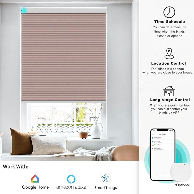 Changshade Blackout Smart Blinds Cellular Shades for Windows Doors Motorized with Remote Control, Custom Size Automatic Honeycomb Blind Electric Power Compatible with Alexa, Google Home, Pink