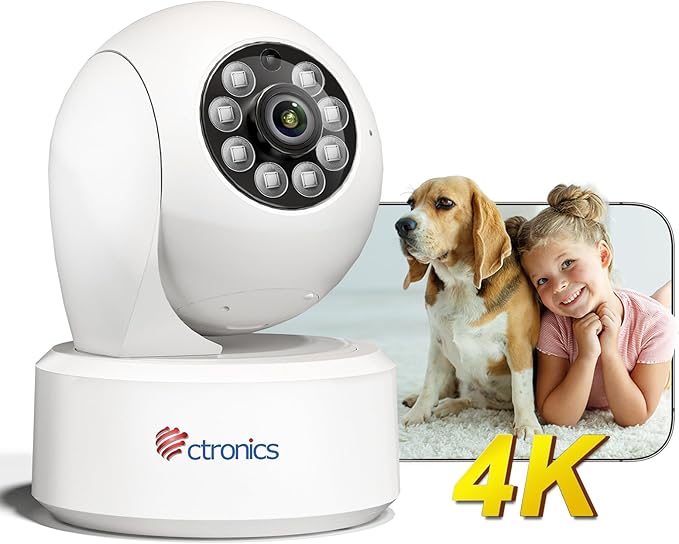 Ctronics 4K 8MP Indoor Security Camera, Auto Tracking, Dual Band WiFi, 65ft IR Night Vision, AI Person/Vehicle/Pet Detection, PC/App 24/7 Recording, 256GB TF/Cloud, FTP/NVR/NAS, Two-Way Audio, 7104K