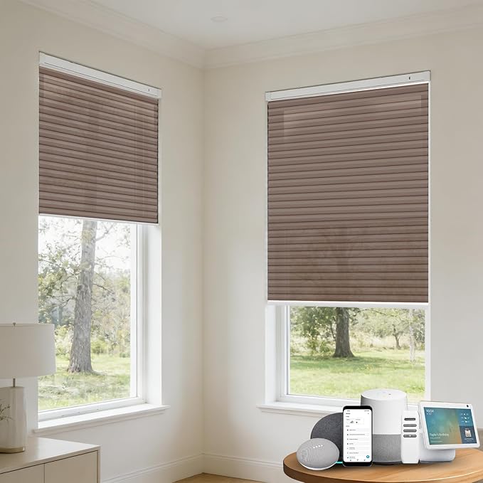 Motorized Cellular Shades with Remote, Light Filtering Smart Cellular Shades Compatible with Alexa, Honeycomb Window Blinds for Bedroom Home Office, Custom Size, Half Shading Brown