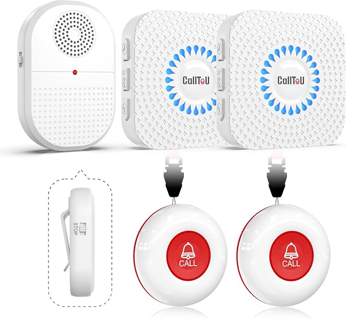 CallToU Multi-Room Caregiver Pager, 2 Call Buttons, 3 Alert Receivers | Elderly Home Care; Wearable Vibration Unit with Outlet Sound/Flash Chimes; Bedside, Bathroom, Kitchen & Upstairs; 500FT Range