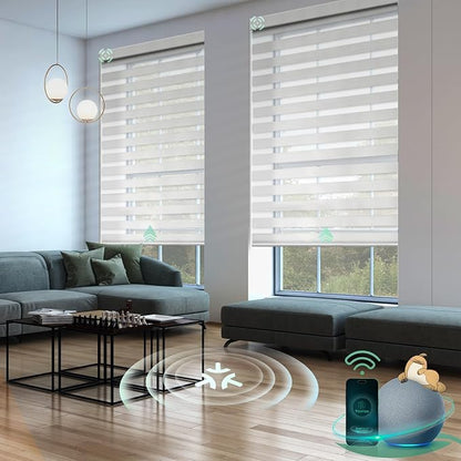 Yoolax Motorized Matter Zebra Blinds Compatible with Alexa, Google Home, Apple HomeKit, Room Darkening Smart Blinds, Privacy Light Control Horizontal Window Blind for Home (80% Shading White)