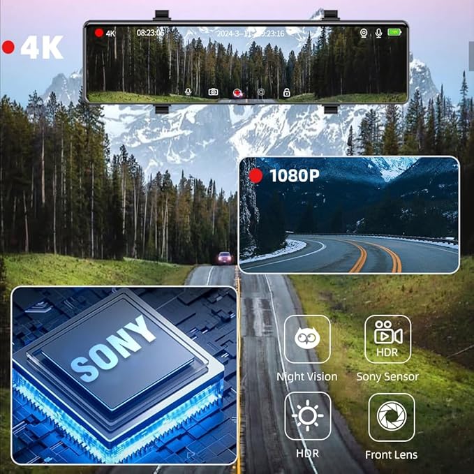 12" Mirror Dash Cam Front and Rear, 4K Dual Dashcam for Cars with Voice Control, WiFi ADAS&BSD&LCA, GPS, Reverse Assist, G-Sensor, 24 Parking Monitor, Free 64GB Card