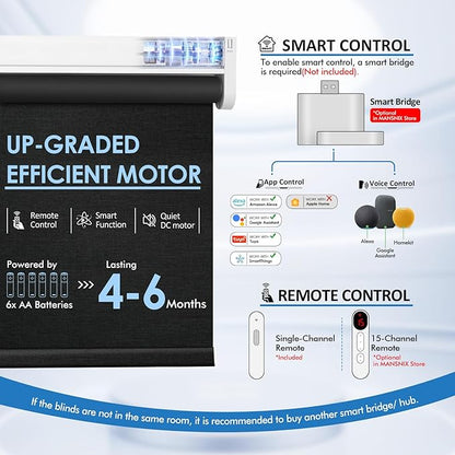 Smart Motorized Blinds with Remote, Cordless No-Drill Automatic Roller Shades, Blackout Electric Blind for Windows, Black, 35.5 x 72