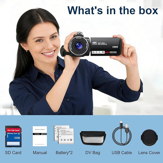 4K Camcorder Video Camera UHD 80MP IR Night Vision Vlogging Camera for YouTube,18X Digital Zoom Camcorder 3.0" 270° Rotation IPS HD Screen Video Recorder With 32GB SD Card, Lens Cap and 2 Batteries