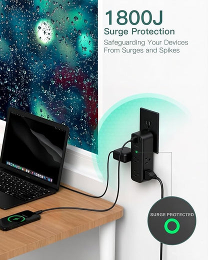 Addtam Surge Protector Outlet Extender with Rotating Plug, 6 AC Outlets & 3 USB Ports, 1800J Wall Power Strip, 3-Sided Spaced Outlet Splitter for Home, Office, Travel, Black