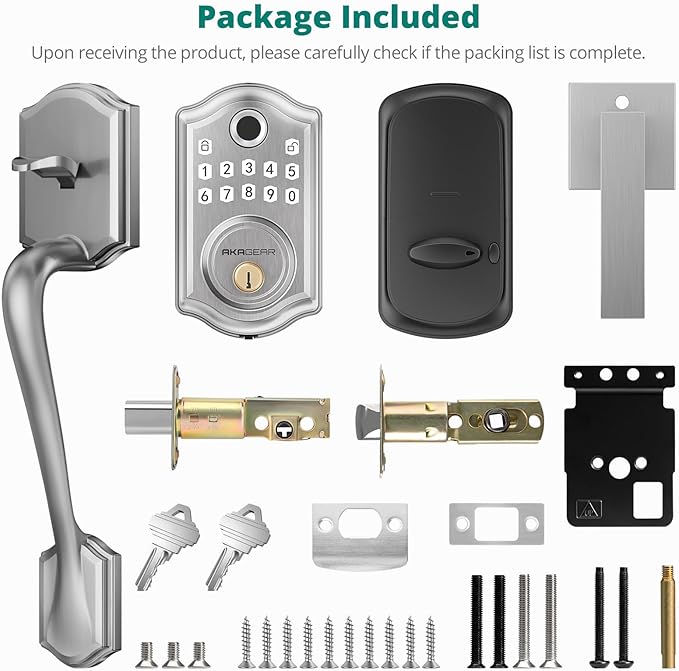 AkaGear DS10 Pro Keyless Entry Door Lock Deadbolt with Handle Set, Smart Front Door Locks Set, Electronic Keypad, Fingerprint Door Lock, Bluetooth, Auto-Lock, APP Control, Code Unlock, Satin Nickel
