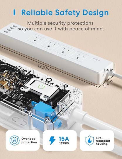 Meross Smart Power Strip Compatible with Apple HomeKit, Siri, Alexa, Google Home and SmartThings, WiFi Surge Protector with 4 AC Outlets, 4 USB Ports and 6ft Extension Cord, Voice and Remote Control