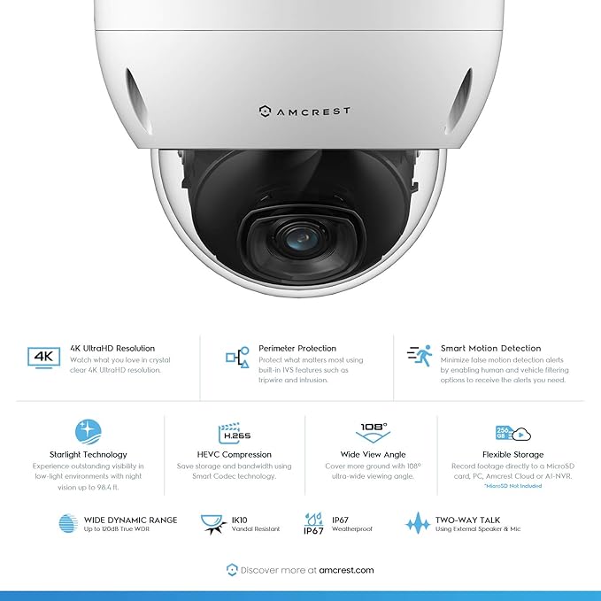 Amcrest UltraHD 4K (8MP) AI Outdoor Security POE IP Camera, 4K @30fps, Face Detection, Human & Vehicle Detection, IK10 Vandal Resistant Dome, MicroSD Recording, White (REP-IP8M-2693EW-AI) (Renewed)