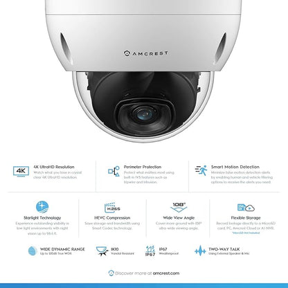 Amcrest UltraHD 4K (8MP) AI Outdoor Security POE IP Camera, 4K @30fps, Face Detection, Human & Vehicle Detection, IK10 Vandal Resistant Dome, MicroSD Recording, White (REP-IP8M-2693EW-AI) (Renewed)