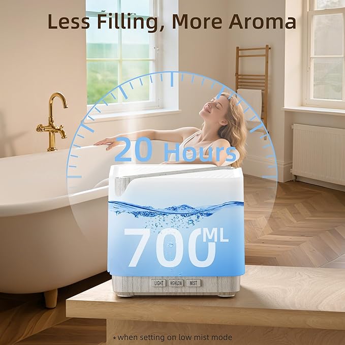 ASAKUKI Essential Oil Diffuser for Home, Large 700 ml Humidifier with Automatic Shut-Off, Quiet Aromatherapy Diffuser with 7 LED Lights for Living Room, Kitchen, Bedroom, Hotel, Gift for Mom - White
