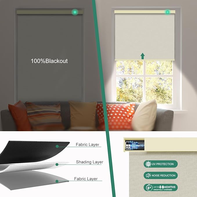 Motorized Blinds with Remote [100% Blackout & Silent Motor] Smart Blinds Compatible with Alexa Google HomeKit, Electric Roller Shades for Indoor Windows, Customized Size, Mist Dune Beige