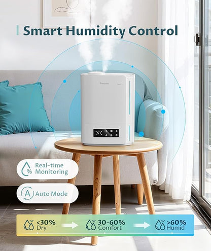 BREEZOME 6L Humidifiers for Bedroom Large Room & Essential Oil Diffuser, Ultrasonic Top Fill Cool Mist Humidifiers for Baby, Plants, Nursery Last up to 60 Hours, Smart Humidistat Control, Quiet, White
